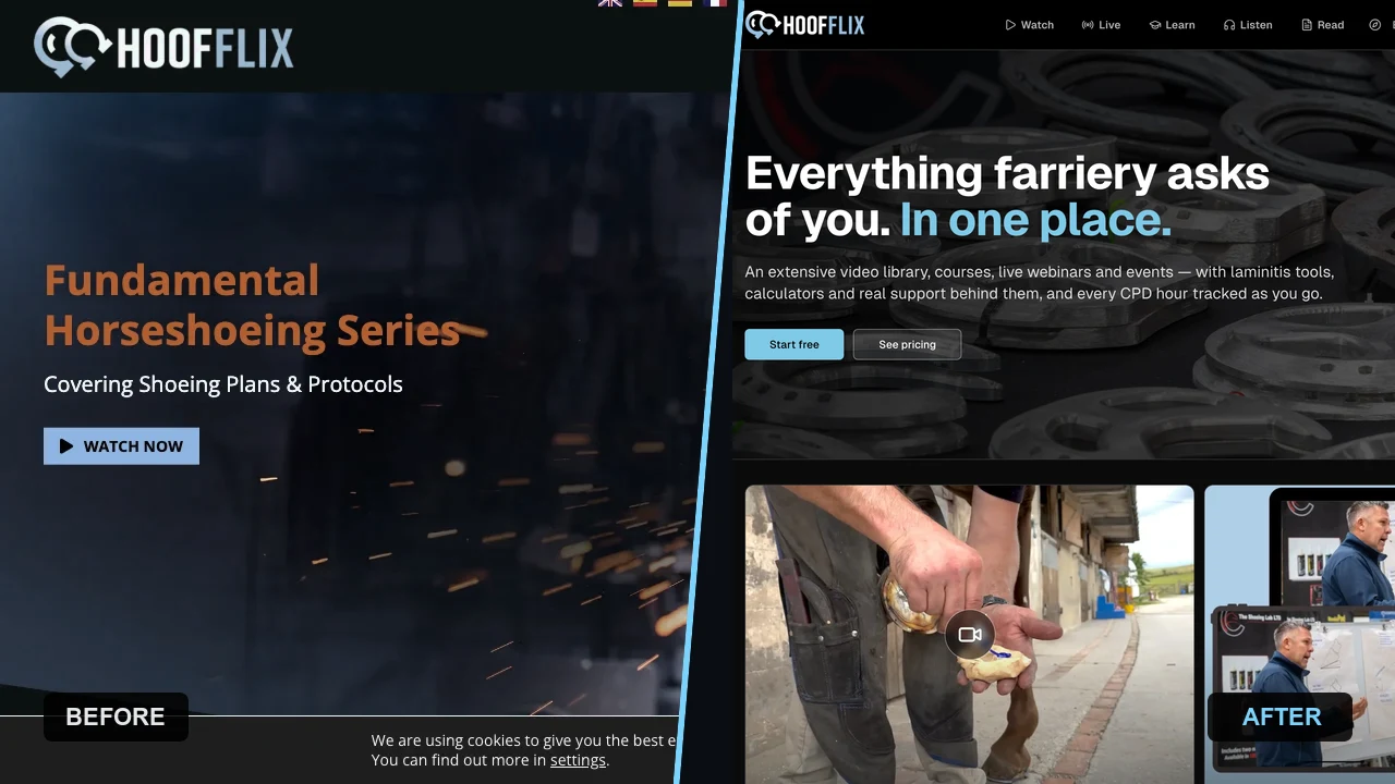 A diagonal split comparing the old Hoofflix WordPress site on the left with the rebuilt platform on the right